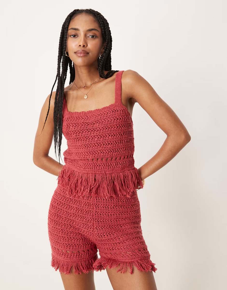 ASOS ASOS DESIGN knitted cami top with fringe hem & shorts in crochet stitch co-ord in burgundy - 3