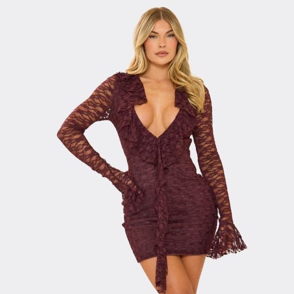 EGO Frill Long Sleeve Plunge Draped Detail Mini Dress In Chocolate Brown Lace, Women's Size UK 6