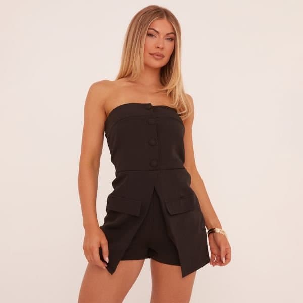 EGO Bandeau Button Front Tailored Playsuit In Black, Women's Size UK Medium M