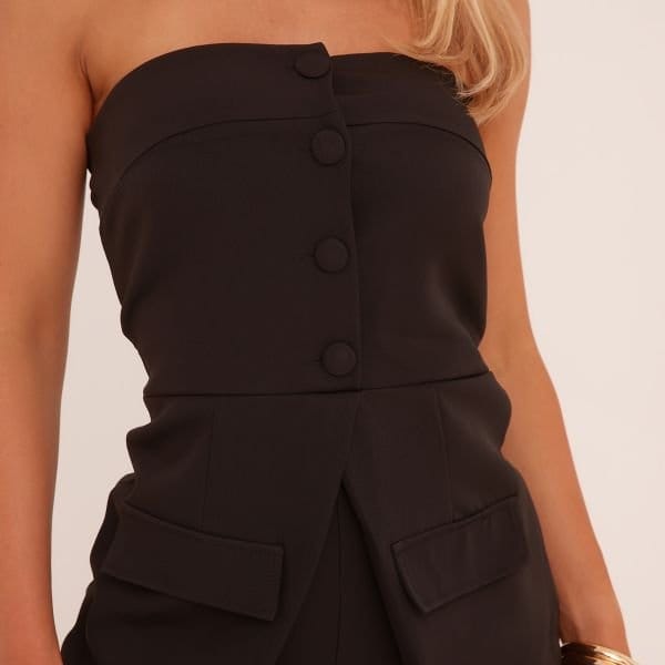 EGO Bandeau Button Front Tailored Playsuit In Black, Women's Size UK Medium M - 2