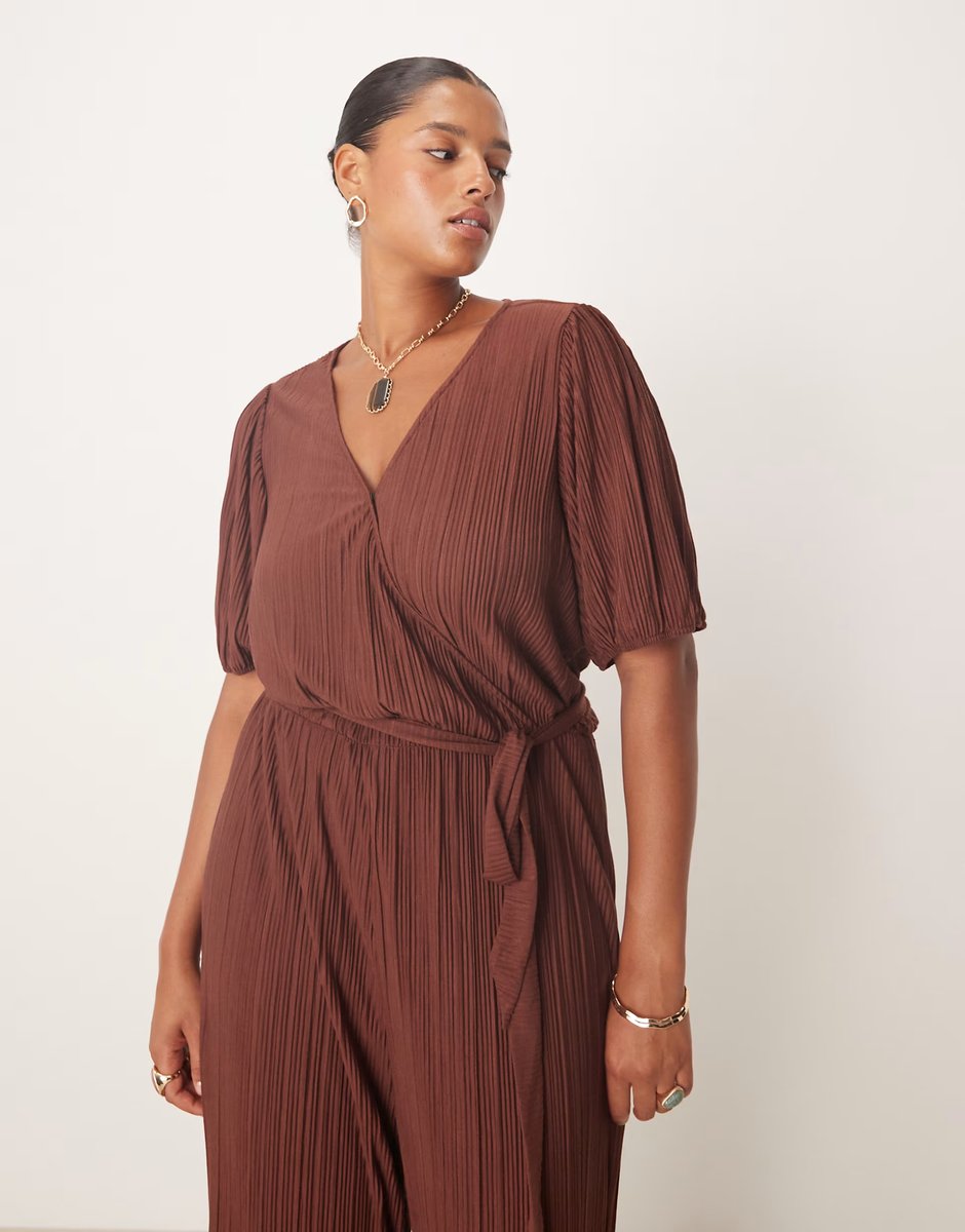 ASOS Vila Curve plisse wrap front jumpsuit in chocolate brown - 3