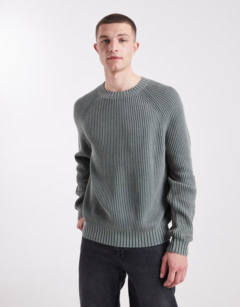 ASOS Hollister knitted fisherman jumper in washed green - 1