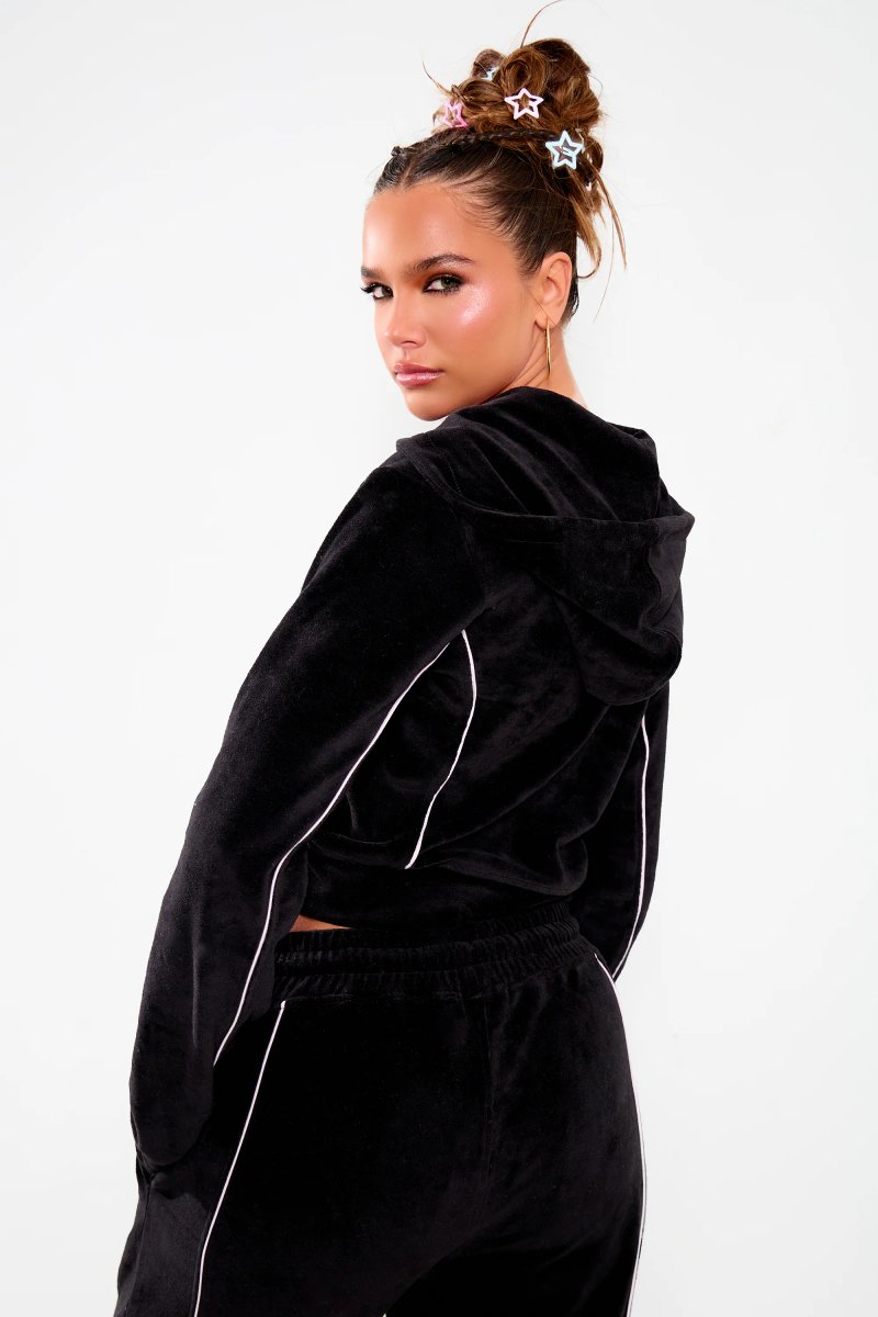 Kaiia Kaiia Velour Contrast Piping Zip Through Hoodie Black & Pink - 4