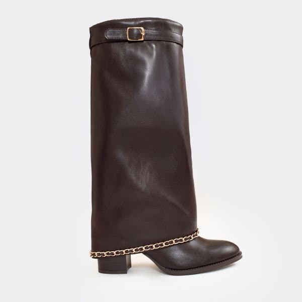 EGO Gino Chain Side Buckle Detail Knee High Boot In Brown Faux Leather, Women's Size UK 3