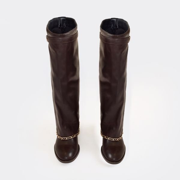 EGO Gino Chain Side Buckle Detail Knee High Boot In Brown Faux Leather, Women's Size UK 3 - 2