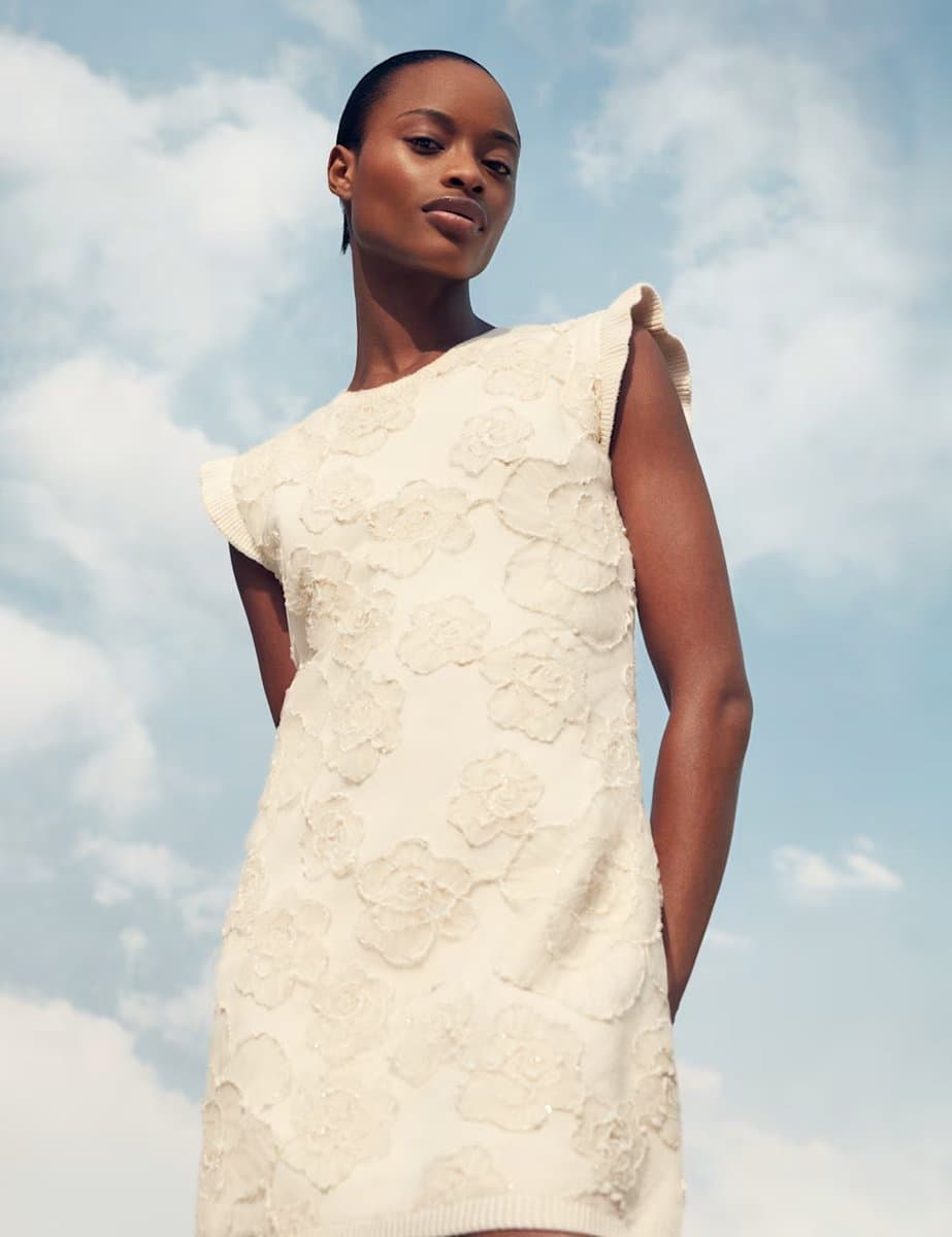 Marks & Spencer M&S Floral Textured Knitted Mini Dress Cream