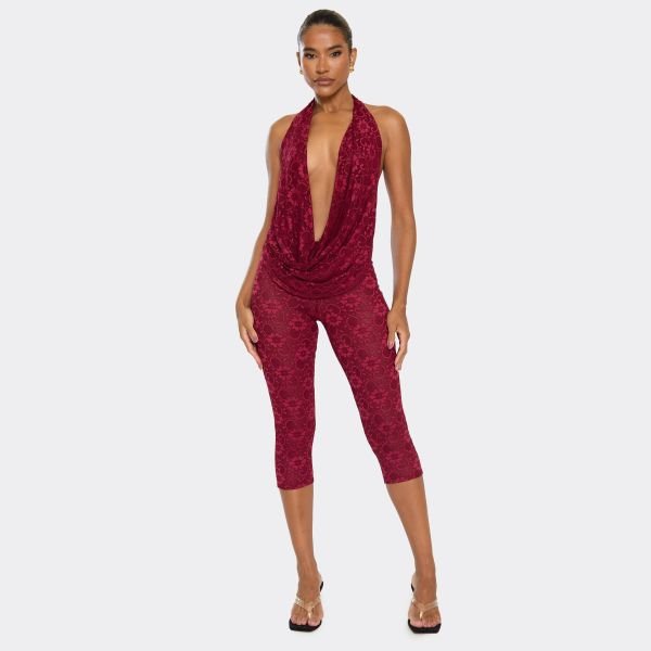 EGO Low Rise Capri Leggings In Burgundy Lace, Women's Size UK 6 - 1