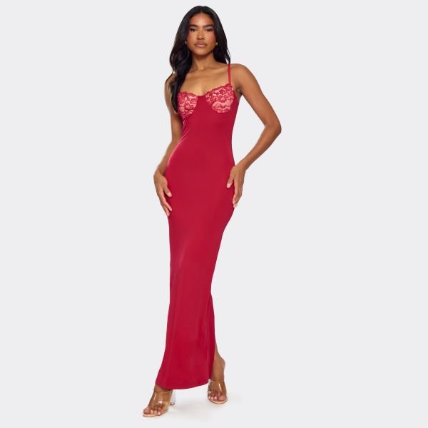 EGO Contrast Lace Detail Strappy Maxi Dress In Red, Women's Size UK Large L - 1