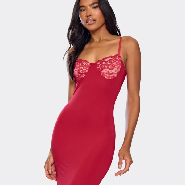 EGO Contrast Lace Detail Strappy Maxi Dress In Red, Women's Size UK Large L - 2