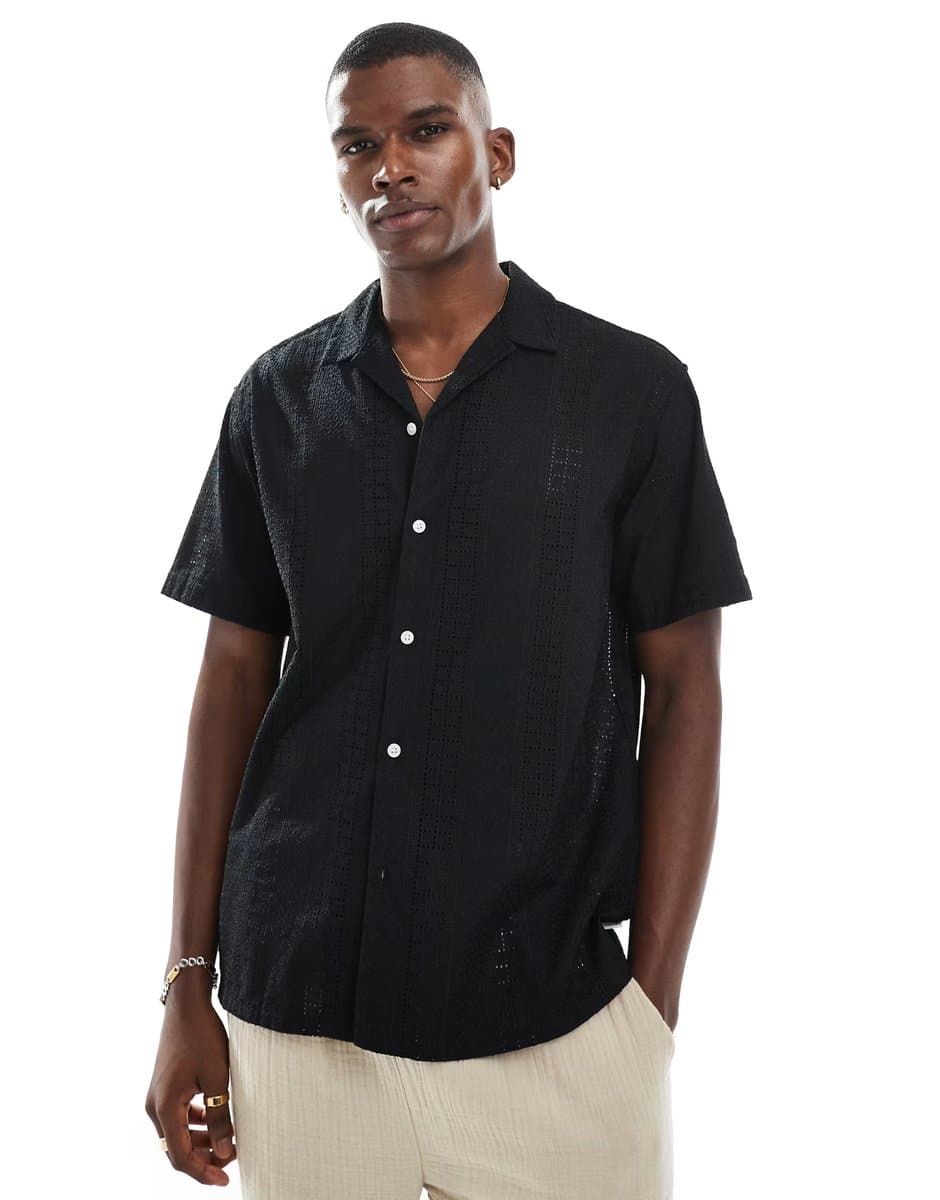 ASOS Jack & Jones embroidered pattern shirt in black