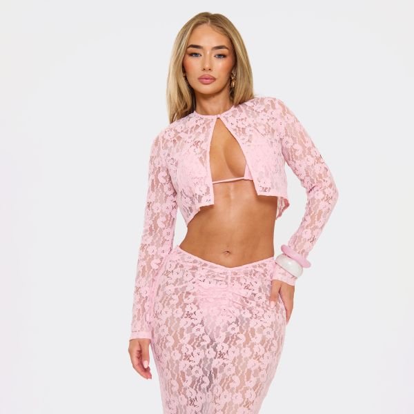 EGO Long Sleeve Button Split Front Cropped Shirt In Baby Pink Lace, Women's Size UK 6 - 2