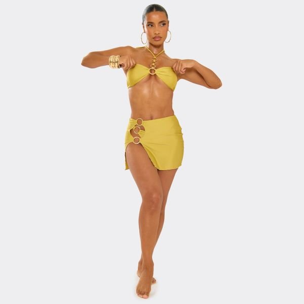 EGO Mid Rise Side Split O Ring Detail Mini Skirt In Olive Green, Women's Size UK 6 - 1