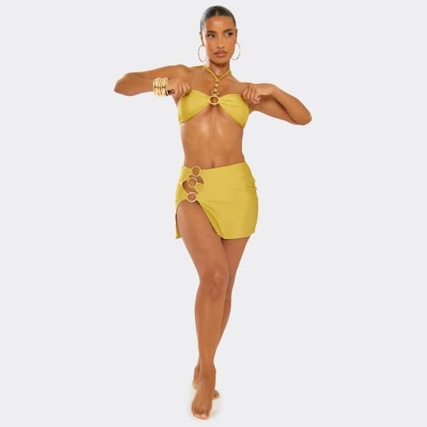 EGO Mid Rise Side Split O Ring Detail Mini Skirt In Olive Green, Women's Size UK 6