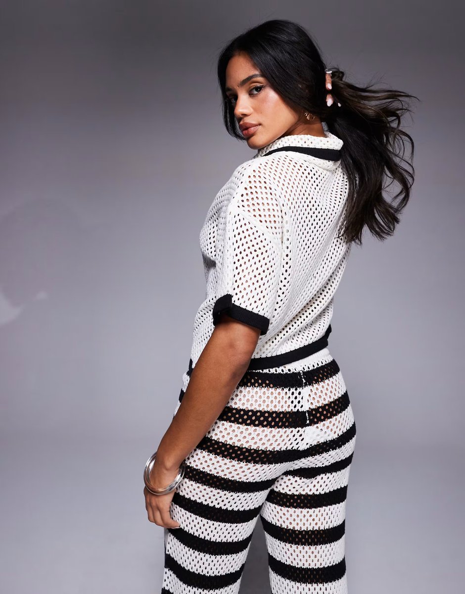 ASOS The Frolic exclusive crochet tie front beach top co-ord in cream and black - 4