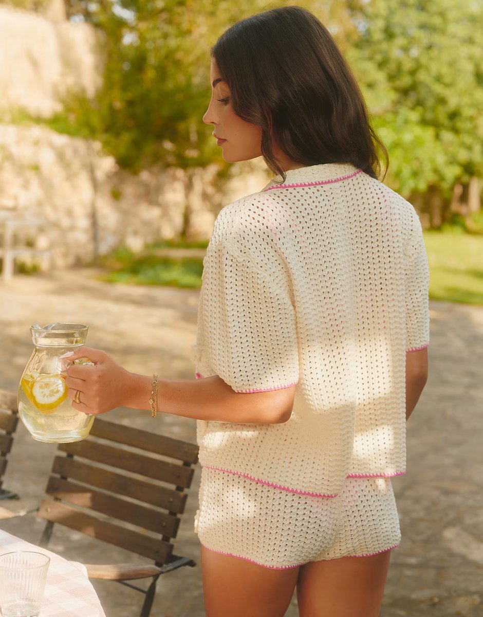 ASOS The Frolic x Lydia Kara exclusive floral crochet contrast trim beach shirt co-ord in cream and pink - 3