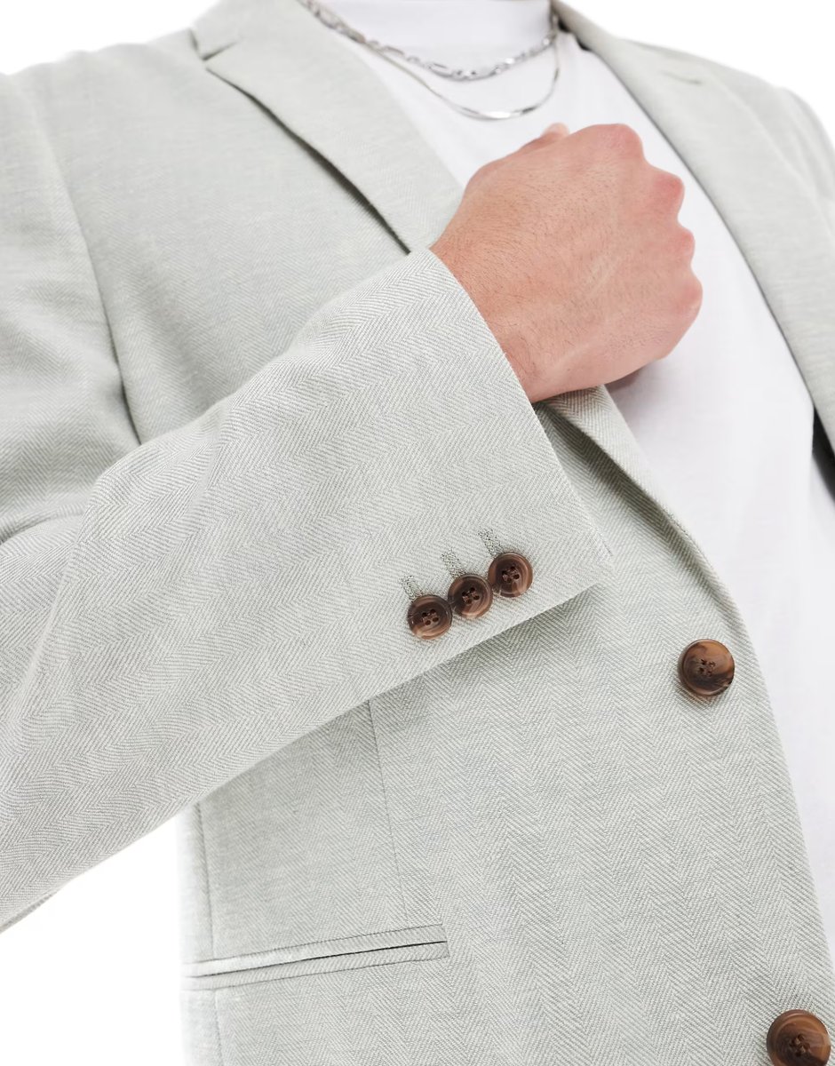 ASOS ASOS DESIGN slim suit jacket with linen in light green herringbone - 2