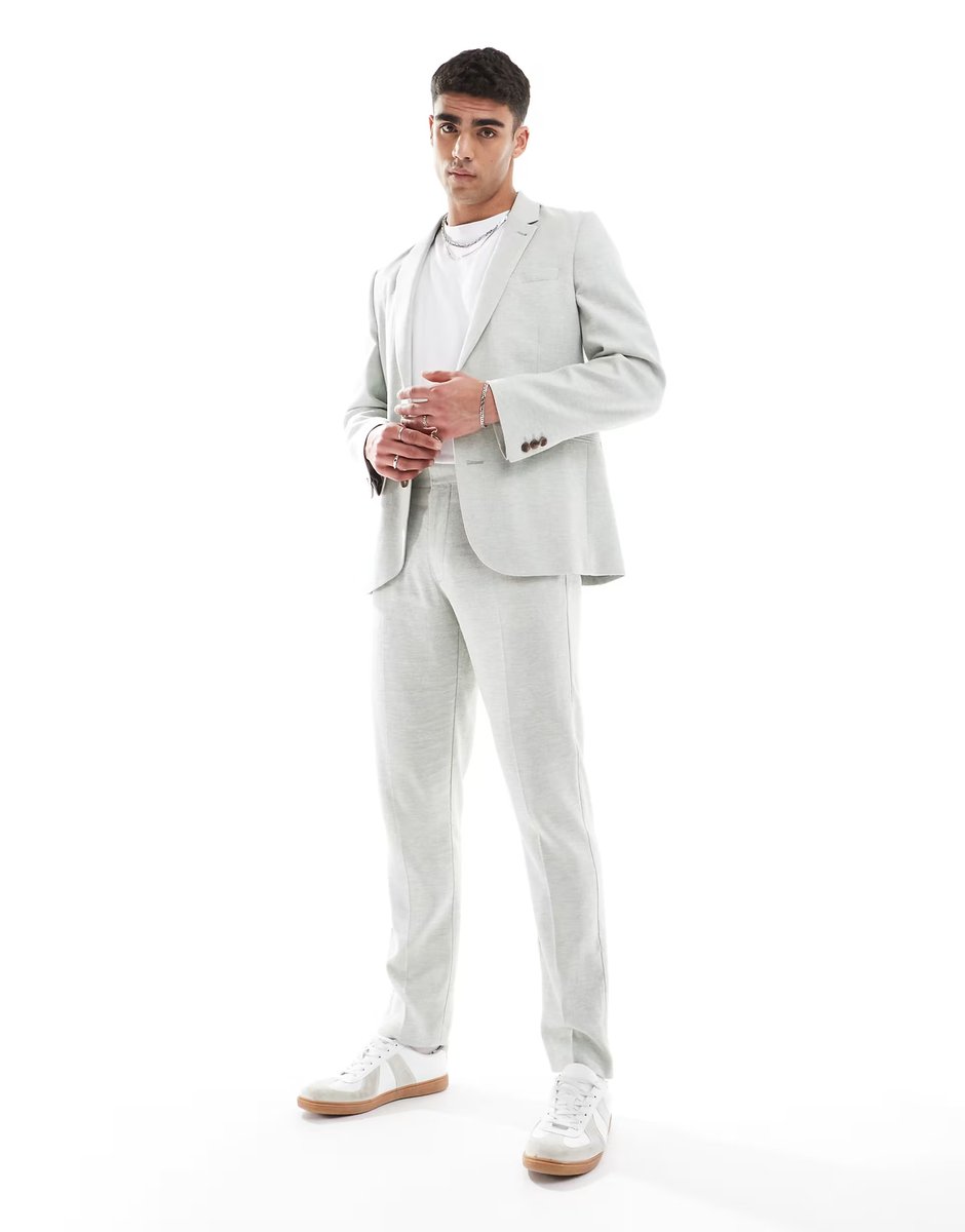 ASOS ASOS DESIGN slim suit jacket with linen in light green herringbone - 4