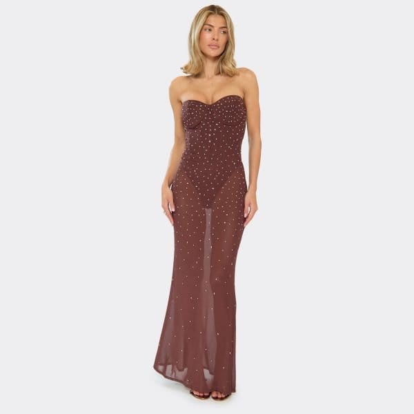EGO Diamante Corset Bodysuit Detail Maxi Dress In Chocolate Brown, Women's Size UK 10 - 1