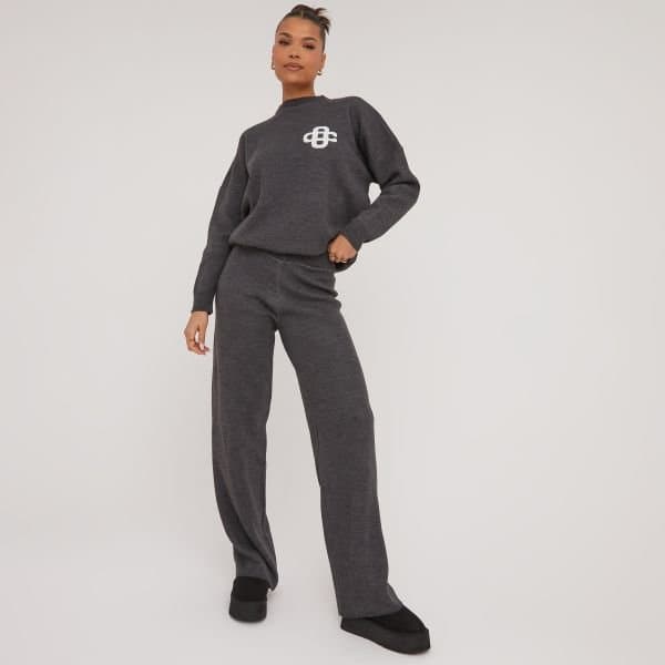 EGO High Waist Wide Leg Joggers In Grey Knit, Women's Size UK Medium M