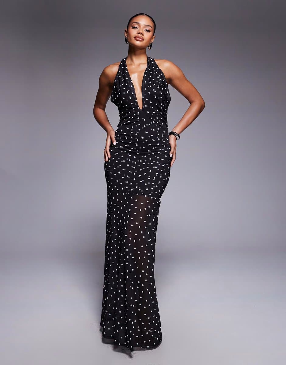 ASOS ASOS DESIGN halterneck detail mesh maxi dress with sheer skirt in polka dot print