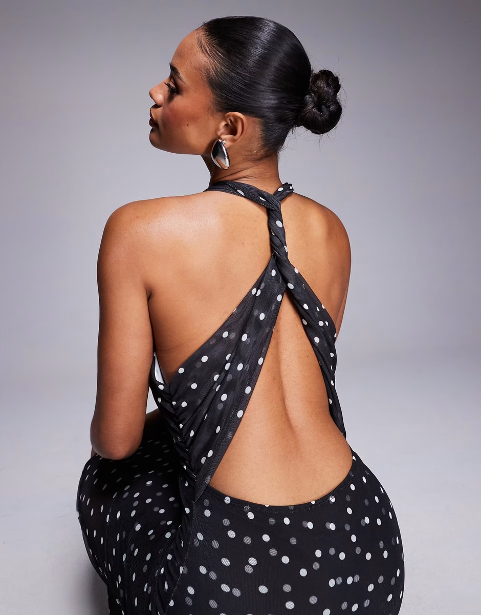 ASOS ASOS DESIGN halterneck detail mesh maxi dress with sheer skirt in polka dot print - 4