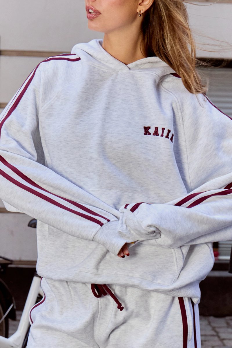 Kaiia Kaiia Sport Side Stripe Oversized Hoodie Light Grey Marl & Burgundy - 2