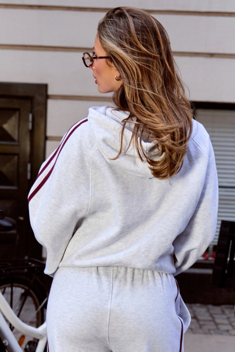 Kaiia Kaiia Sport Side Stripe Oversized Hoodie Light Grey Marl & Burgundy - 4