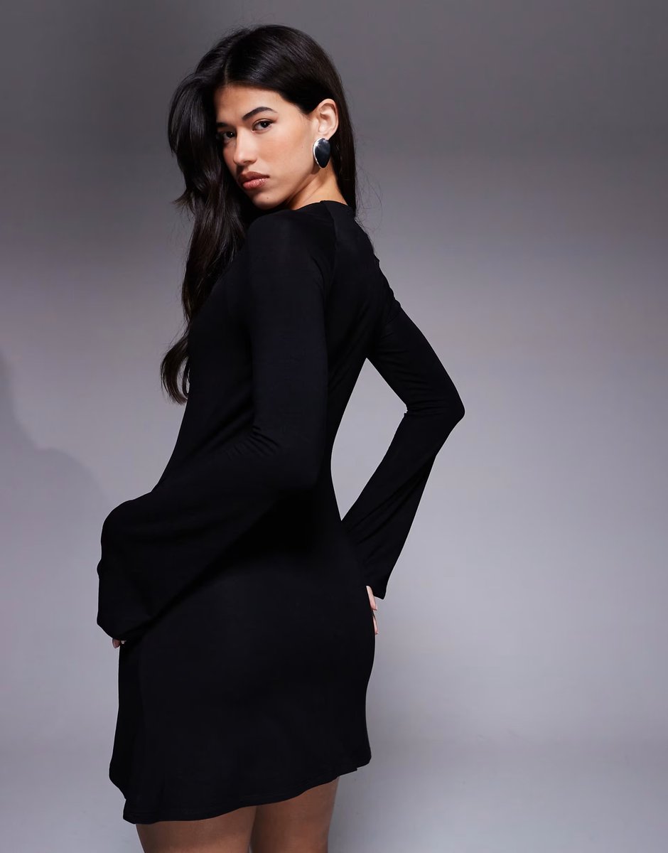 ASOS ASOS DESIGN long sleeve with scoop neck mini dress with twist skirt detail in black - 3