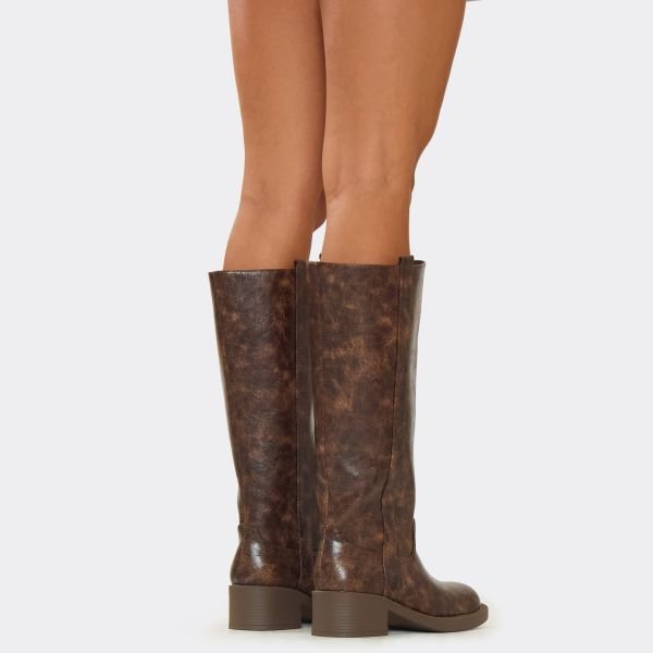 EGO Mamma Knee High Long Biker Boot In Distressed Brown Faux Leather, Women's Size UK 3 - 2