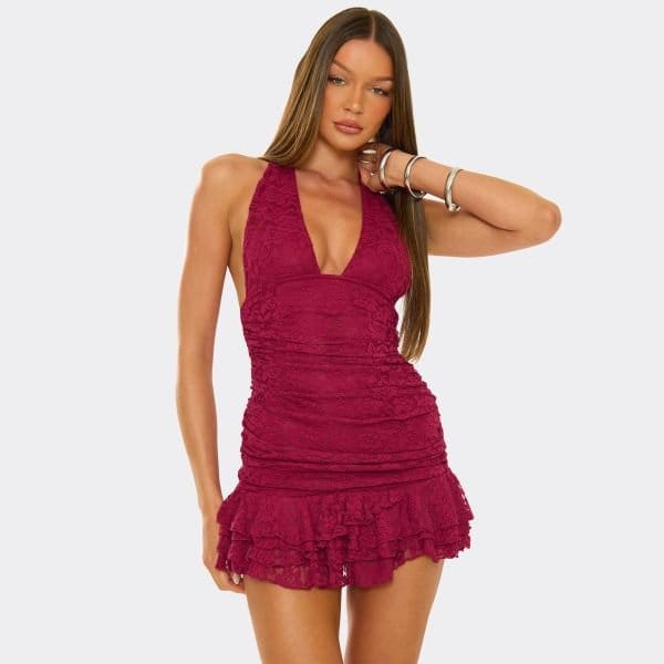 EGO Plunge Halterneck Frilled Hem Ruched Mini Dress In Burgundy Lace, Women's Size UK 6 - 1