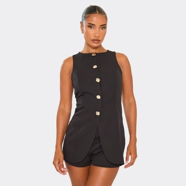 EGO Racer Neck Abstract Button Front Playsuit In Black, Women's Size UK 6