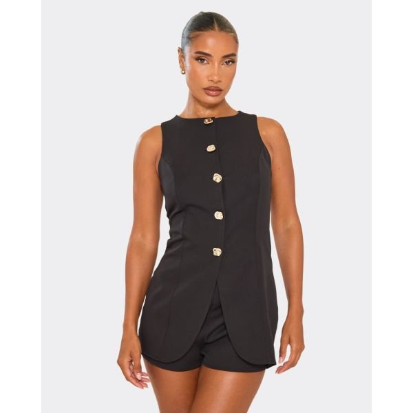 EGO Racer Neck Abstract Button Front Playsuit In Black, Women's Size UK 6 - 2