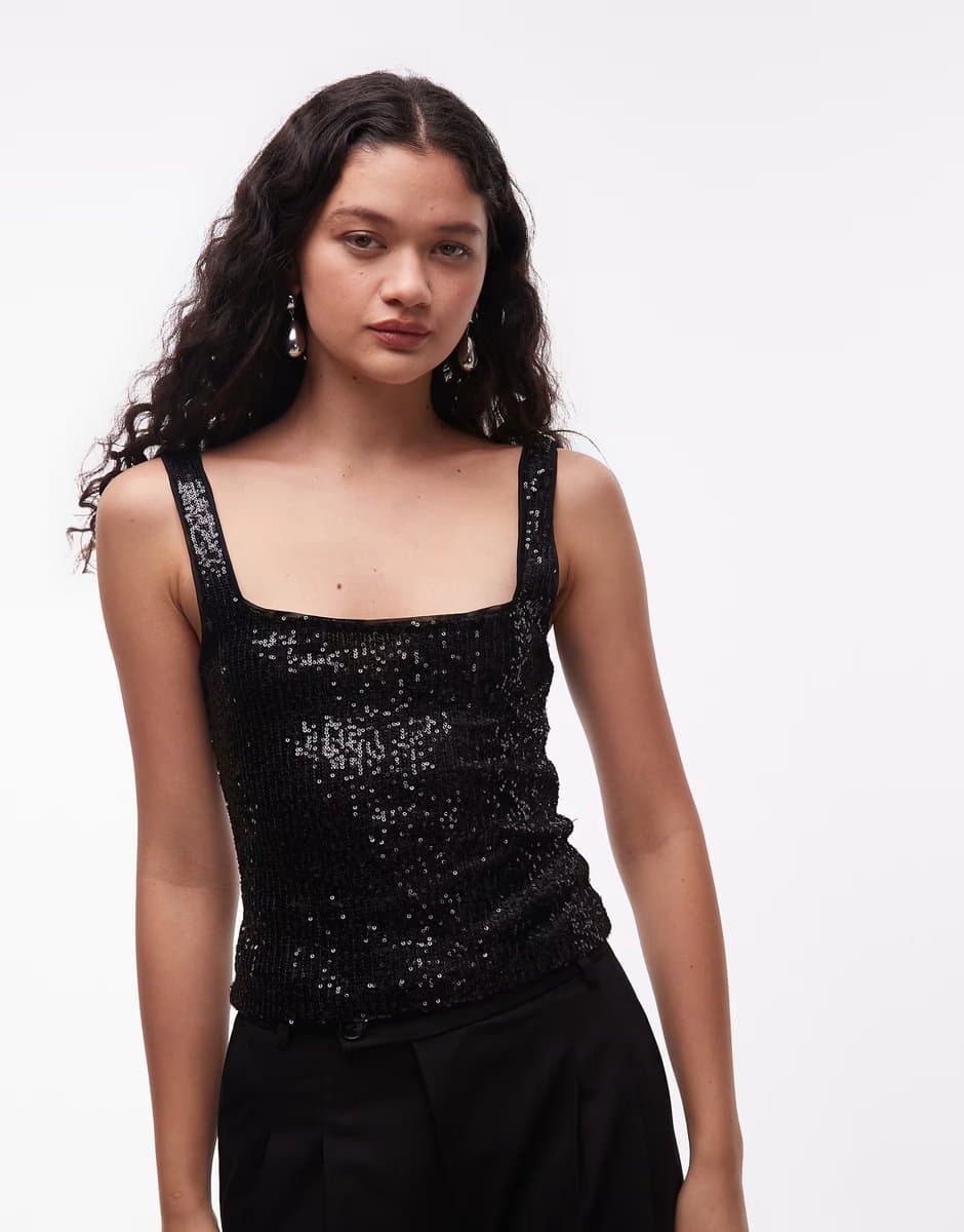 ASOS ASOS DESIGN allover sequin square neck top in black