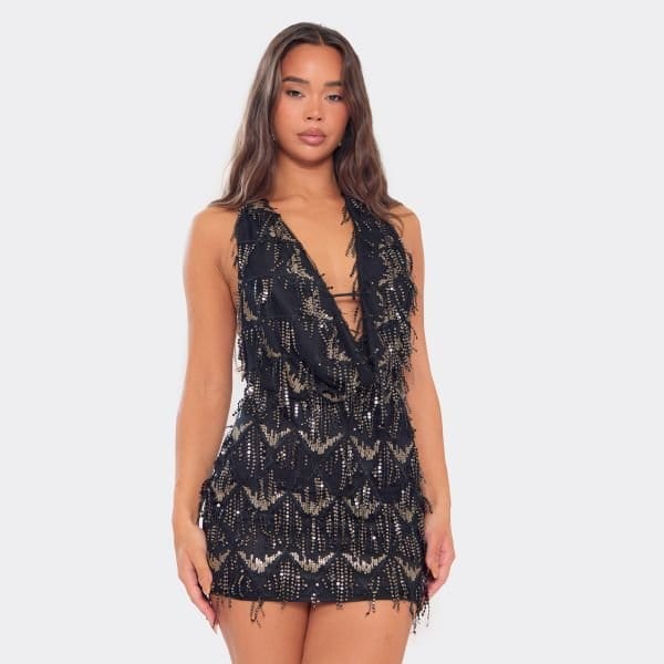 EGO Cowl Neck Open Back Mini Dress In Black Tassel Sequin, Women's Size UK 4 - 1