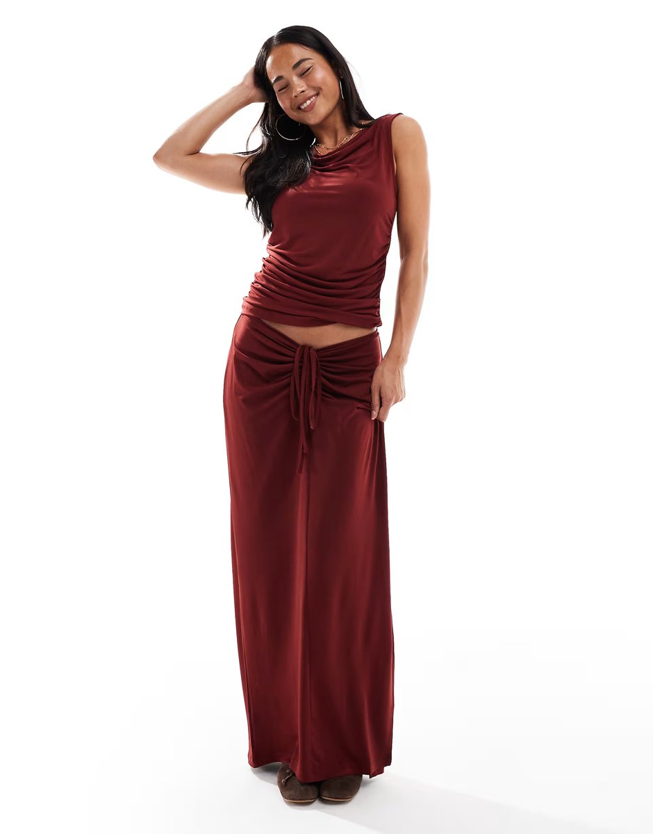 ASOS Vero Moda slinky ruched top and skirt co-ord in burgundy - 1