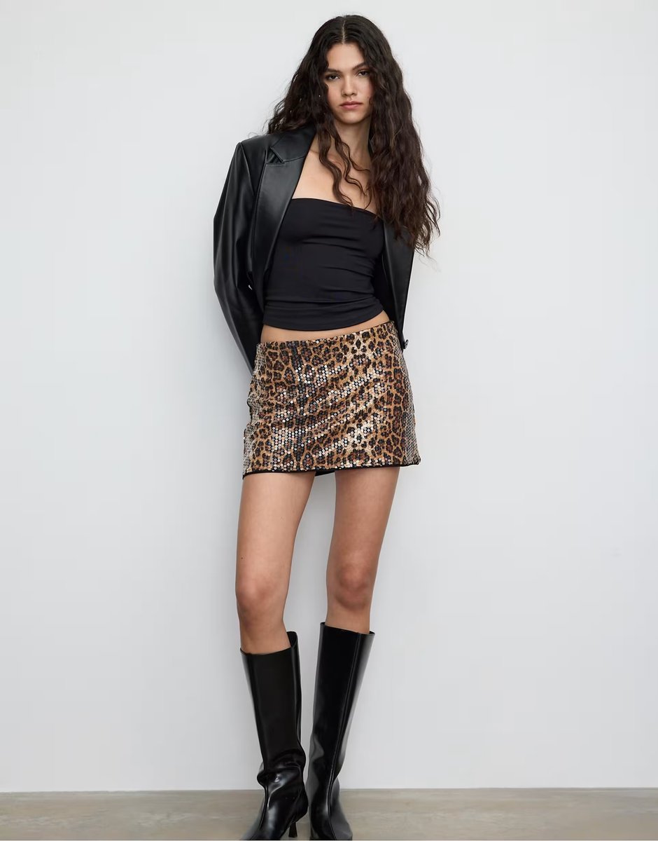 ASOS Stradivarius Mini skort with animal print sequin in beige - 1