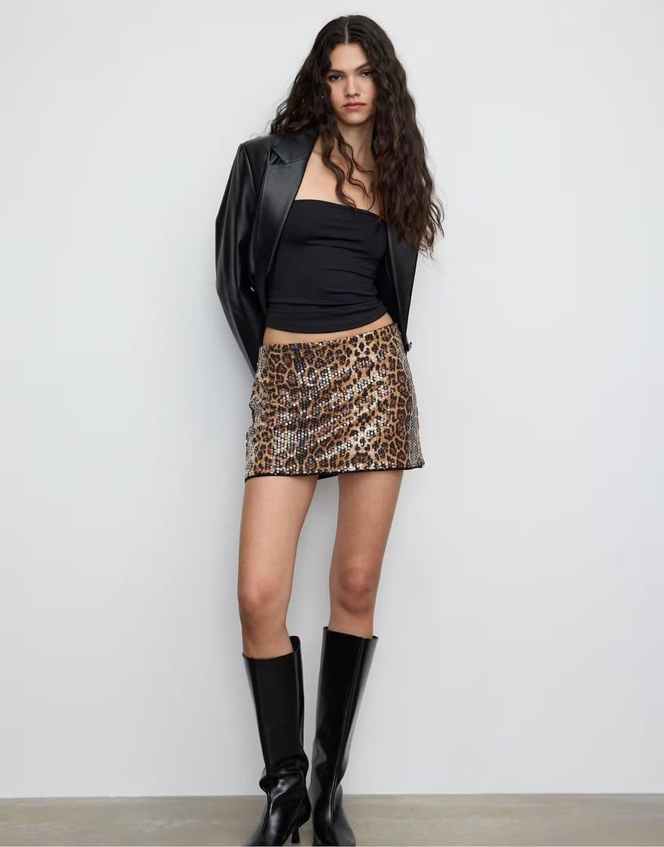 ASOS Stradivarius Mini skort with animal print sequin in beige