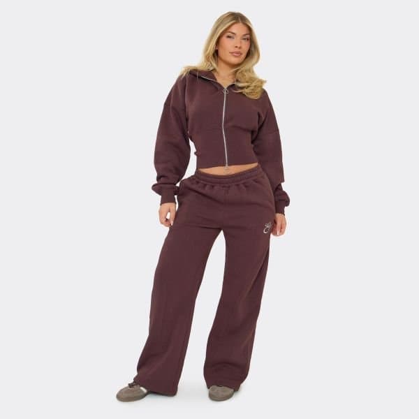 EGO Embroidered Logo Detail Wide Leg Joggers In Chocolate Brown, Women's Size UK 6