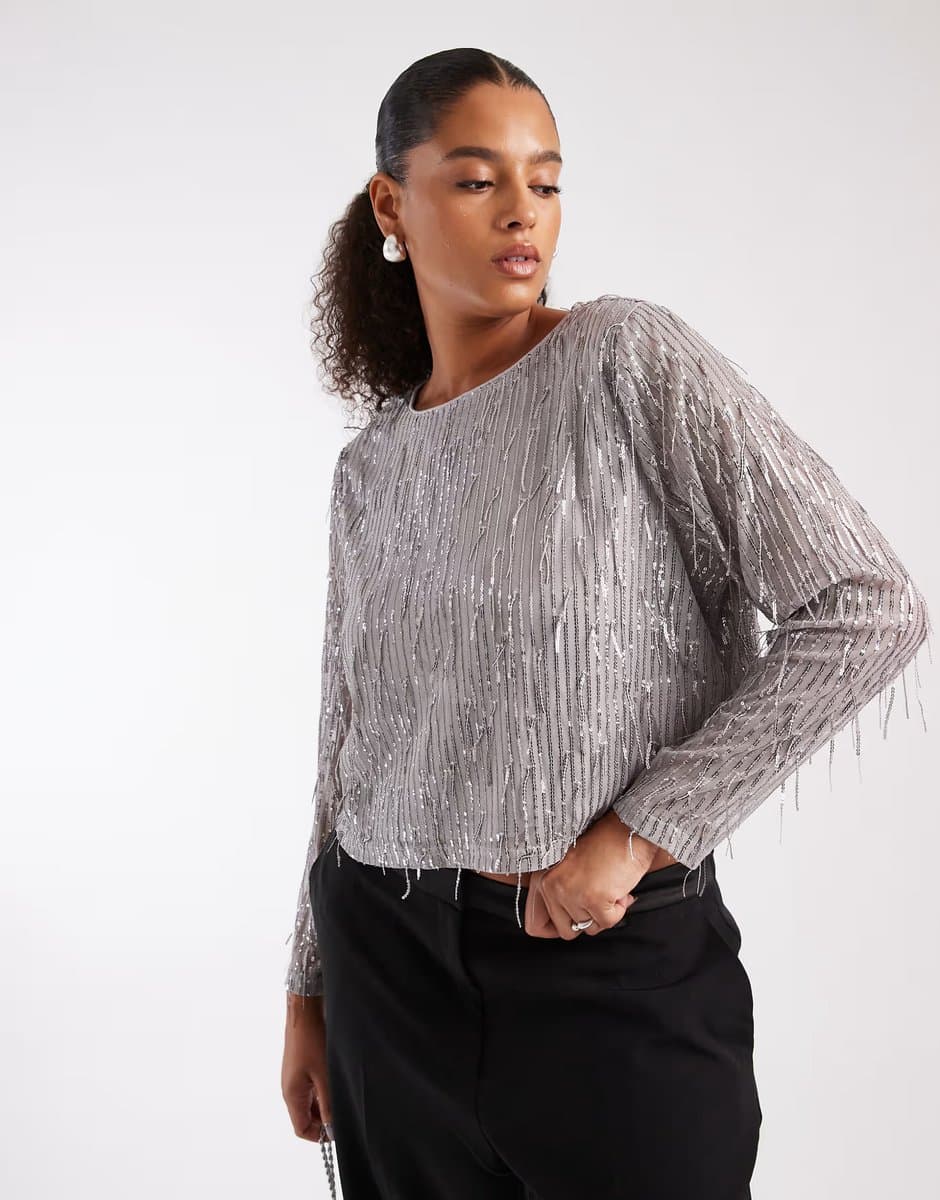 ASOS ONLY Curve sequin detail crop top in silver