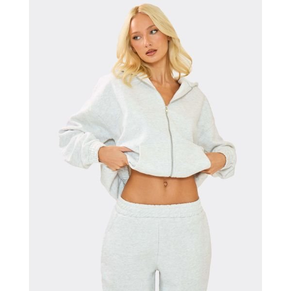 EGO Oversized Double Zip Up Hoodie In Light Grey Marl, Women's Size UK 6 - 2