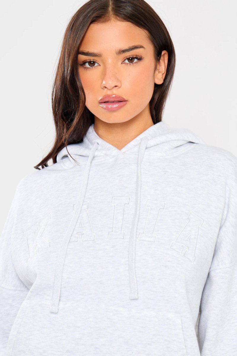 Kaiia Kaiia Slogan Oversized Hoodie Light Grey Marl - 3