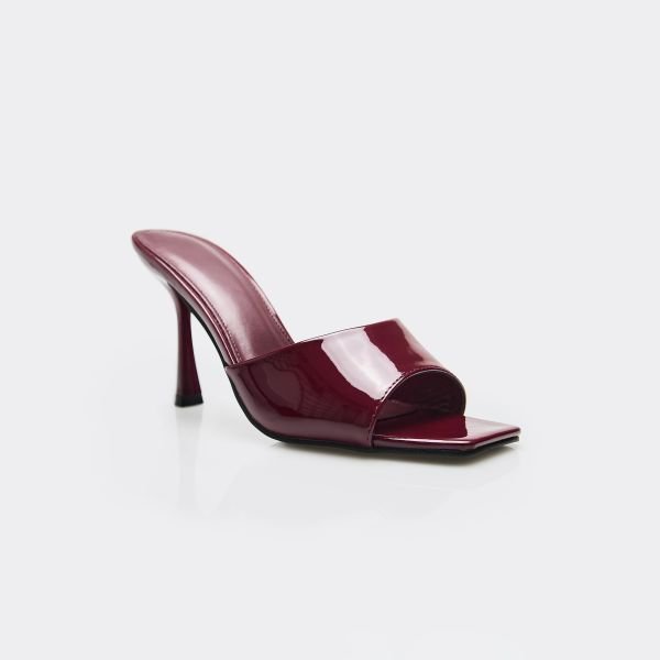 EGO Gaia Square Peep Toe Stiletto Heeled Mule In Burgundy Patent, Women's Size UK 3 - 2
