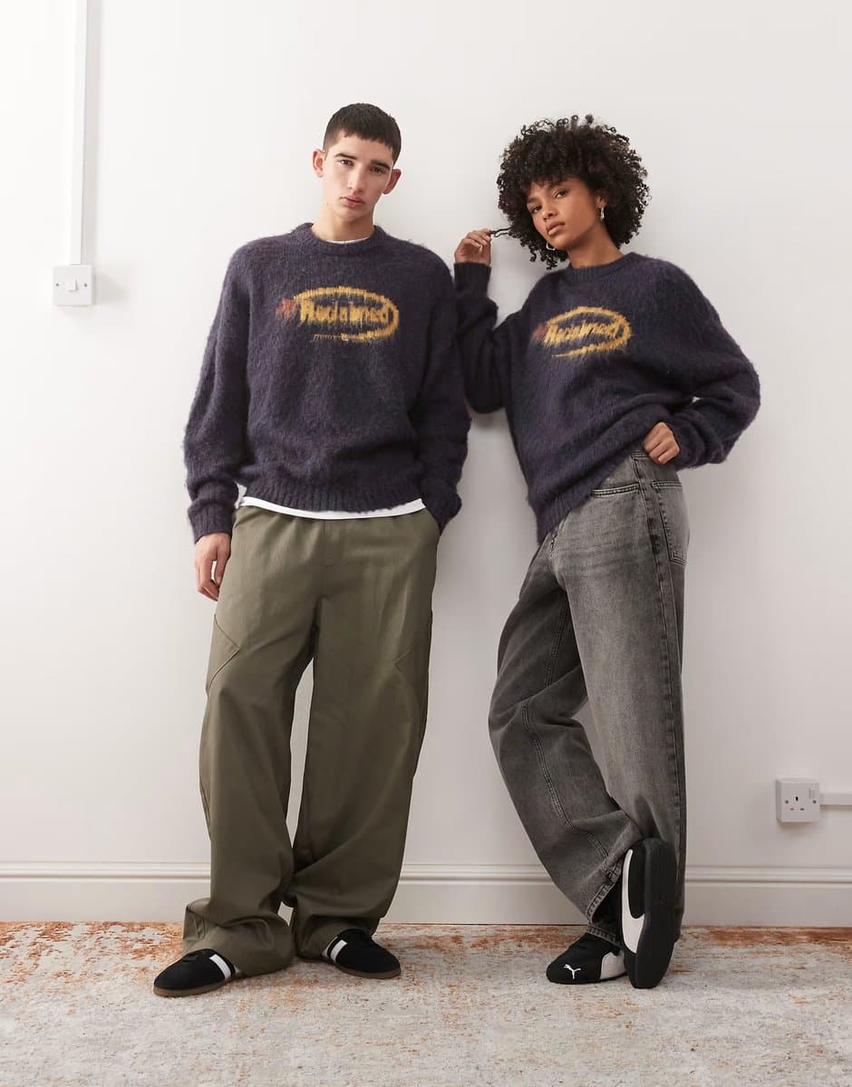 ASOS Reclaimed Vintage unisex boxy crew neck brushed knitted jumper with logo in navy