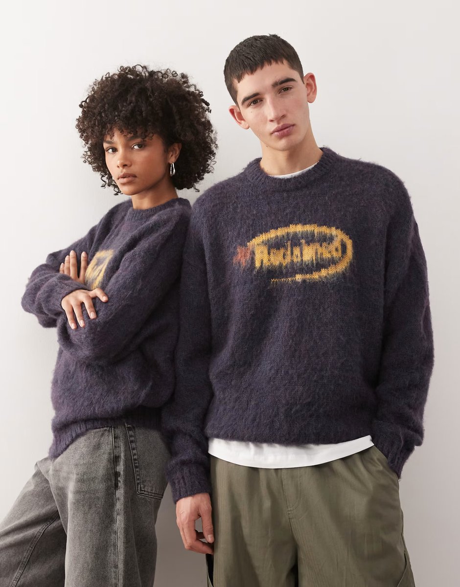 ASOS Reclaimed Vintage unisex boxy crew neck brushed knitted jumper with logo in navy - 2