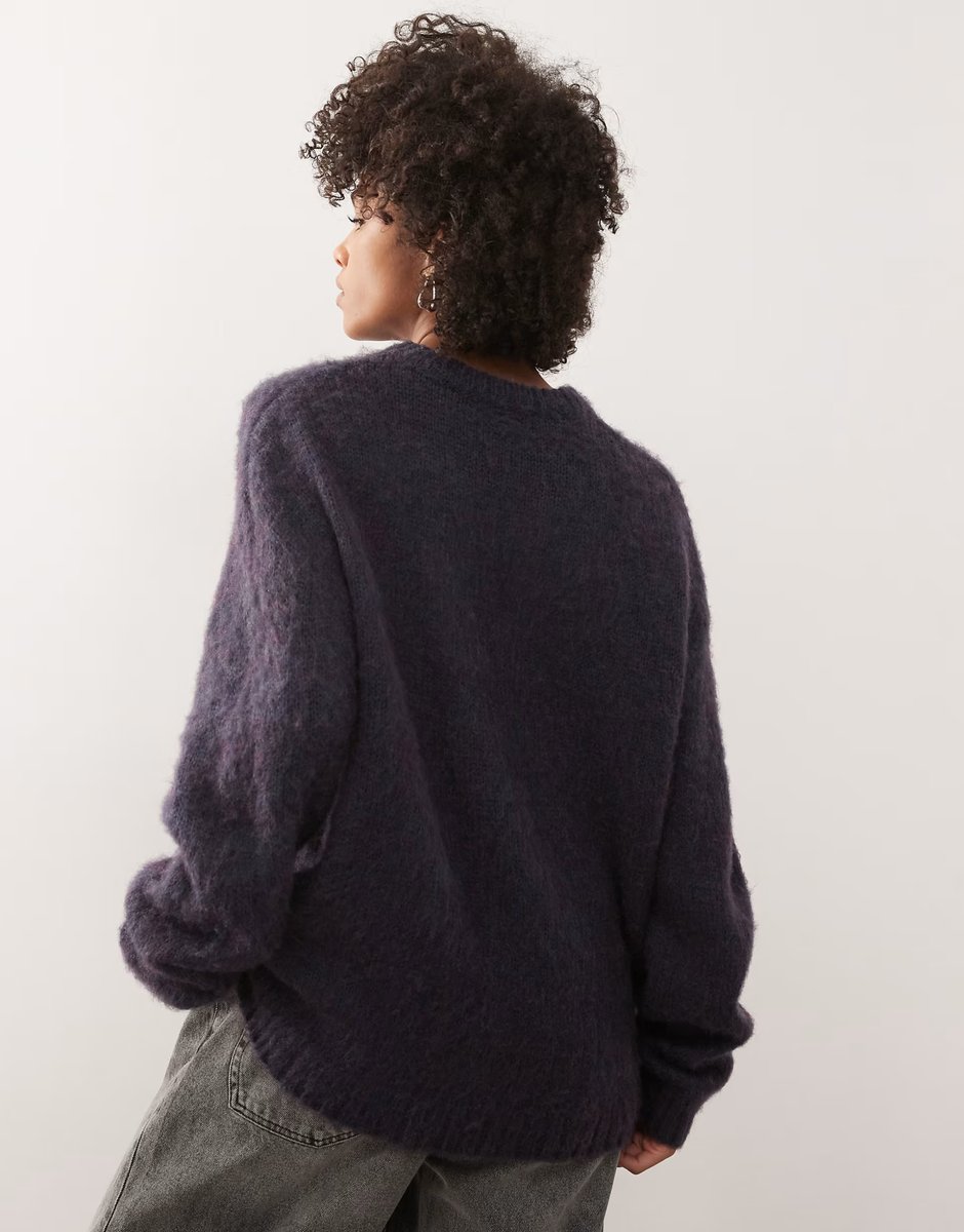 ASOS Reclaimed Vintage unisex boxy crew neck brushed knitted jumper with logo in navy - 3