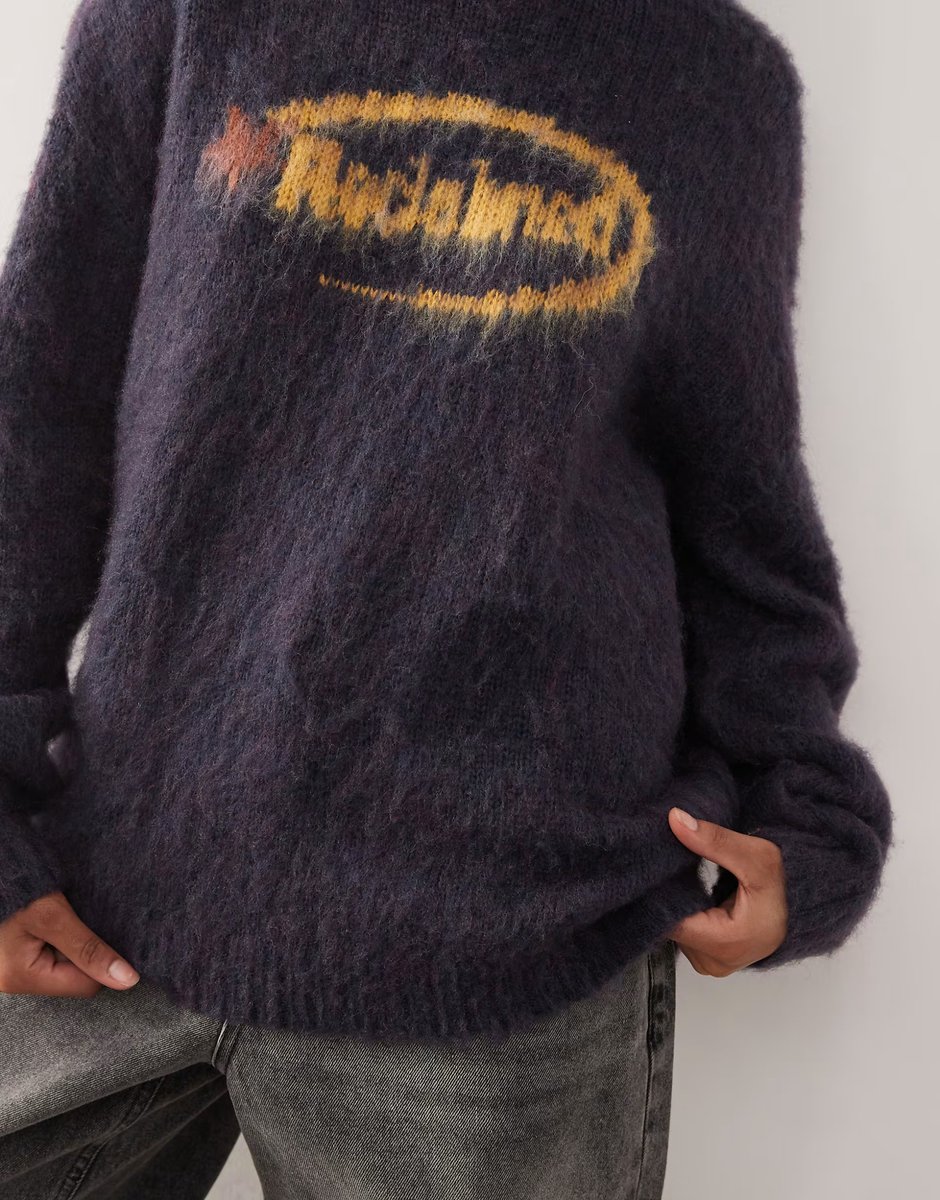 ASOS Reclaimed Vintage unisex boxy crew neck brushed knitted jumper with logo in navy - 4