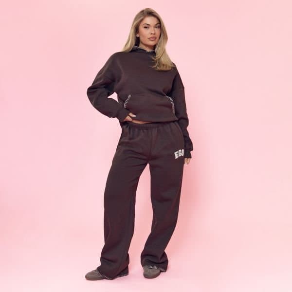 EGO Low Rise Ego Borg Graphic Wide Leg Joggers In Chocolate Brown, Women's Size UK 6
