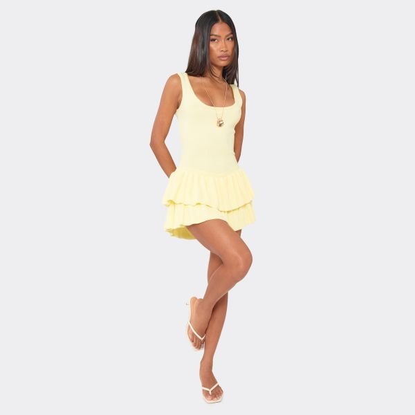 EGO Scoop Neck Tiered Ruffle Detail Playsuit In Yellow Knit, Women's Size UK Large L - 1