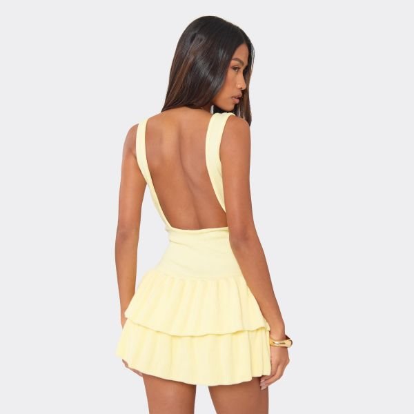EGO Scoop Neck Tiered Ruffle Detail Playsuit In Yellow Knit, Women's Size UK Large L - 2