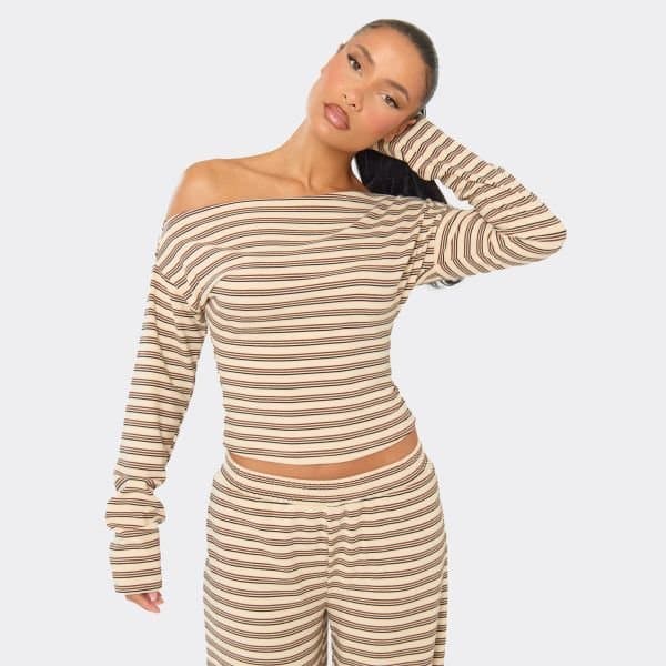 EGO Asymmetric Long Sleeve Top In Cream Striped Soft Fleece, Women's Size UK 14